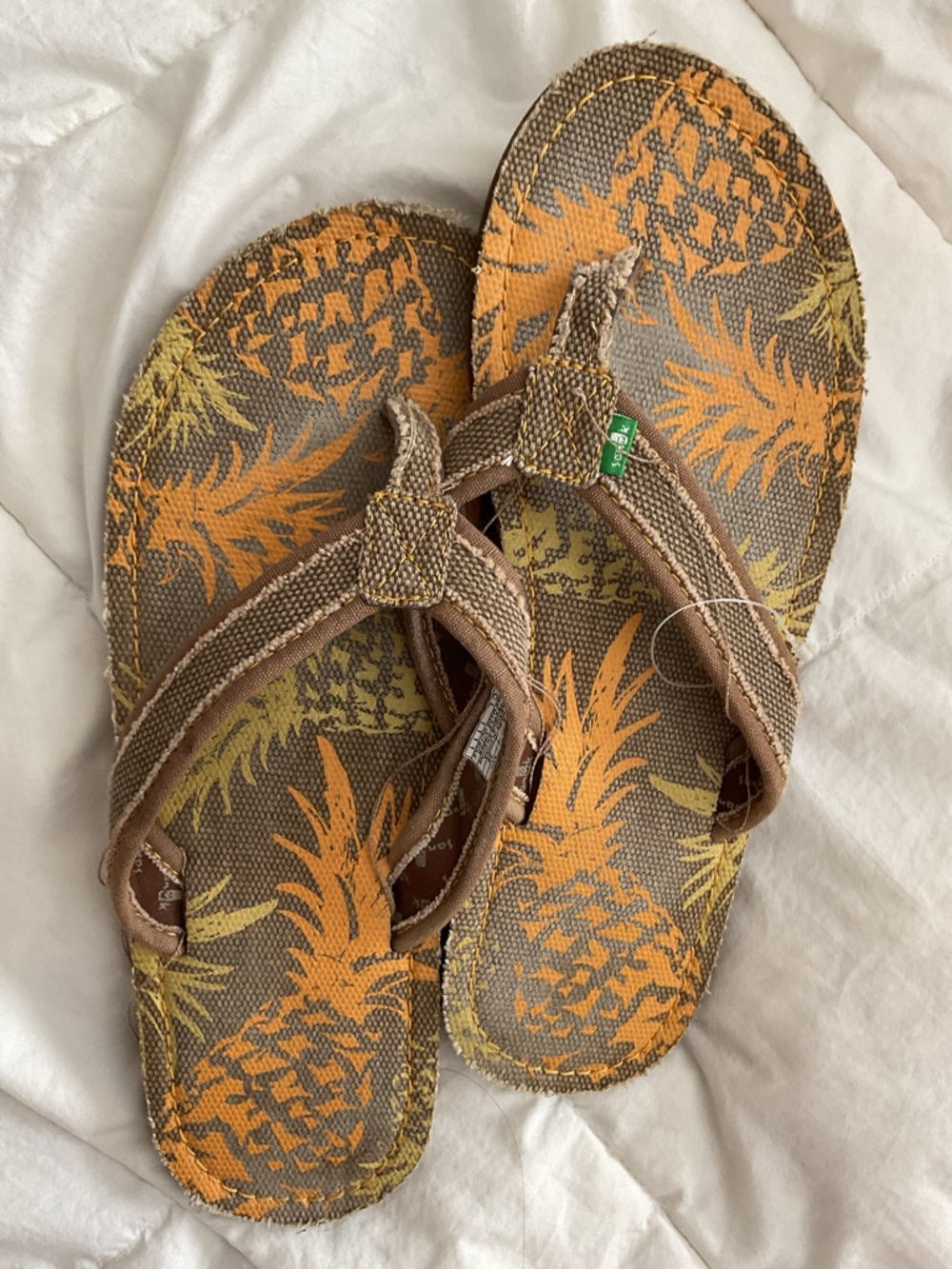 Sanuk  Brown Canvas Flip-Flops with Orange Pineapple Print. Size 8